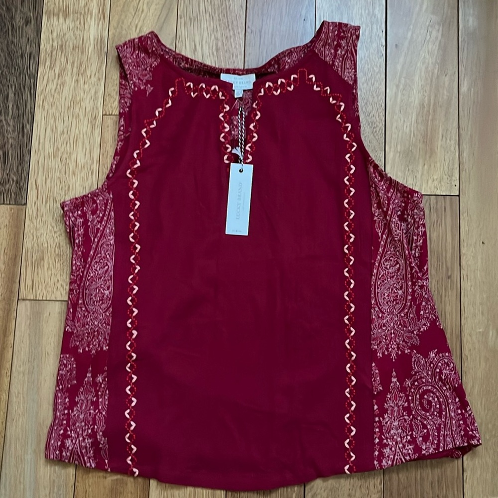 Lucky Brand V Neck Tank Top | Red w/ Pink Embroidery  | Size L